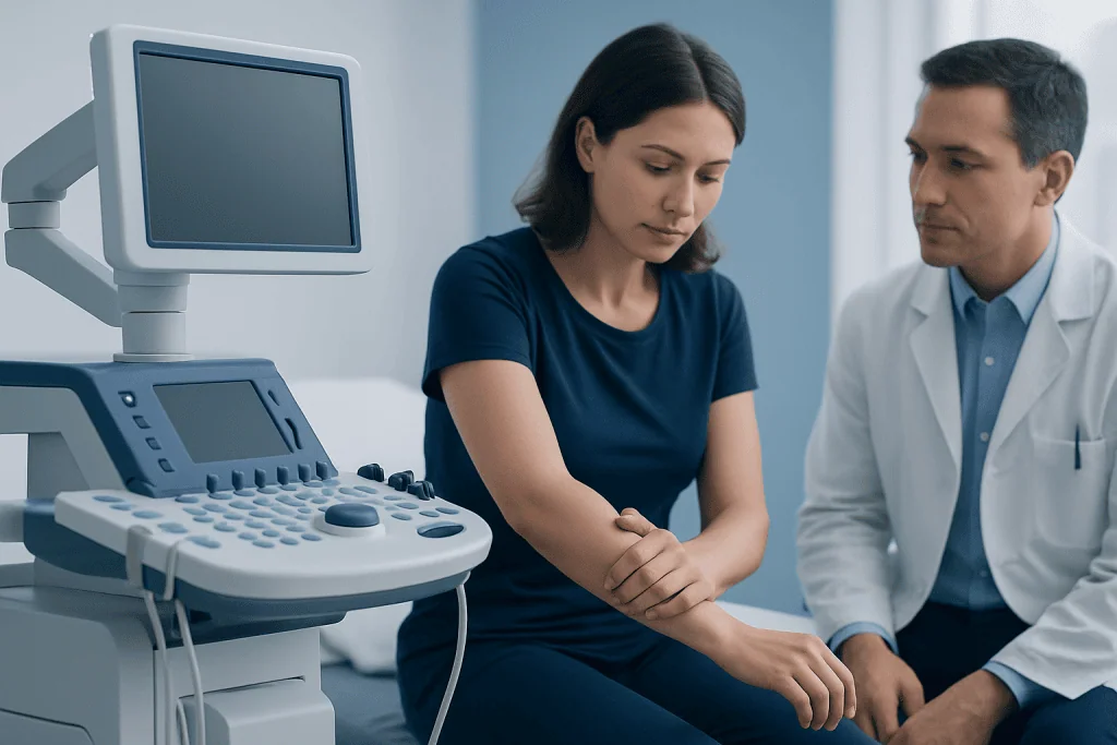 Doctor examining patient with ultrasound device in clinic setting.
