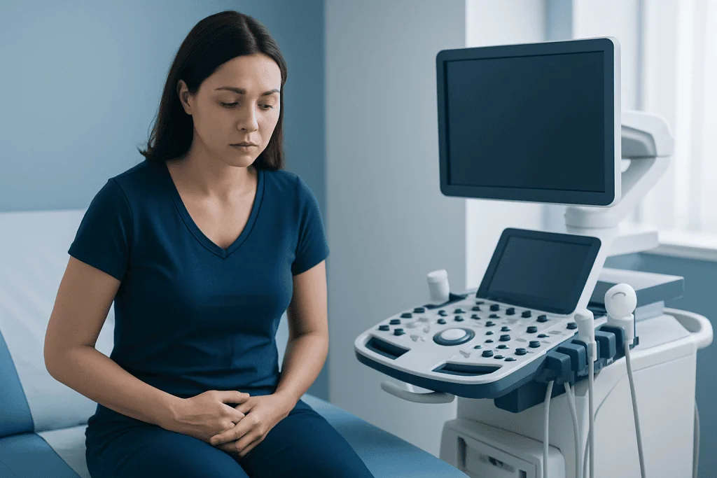 Young woman undergoing an ultrasound examination in a medical clinic.