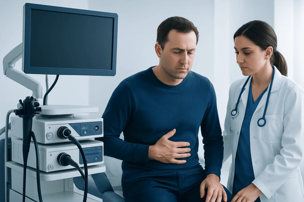 Patient experiencing abdominal pain during medical consultation at hospital.