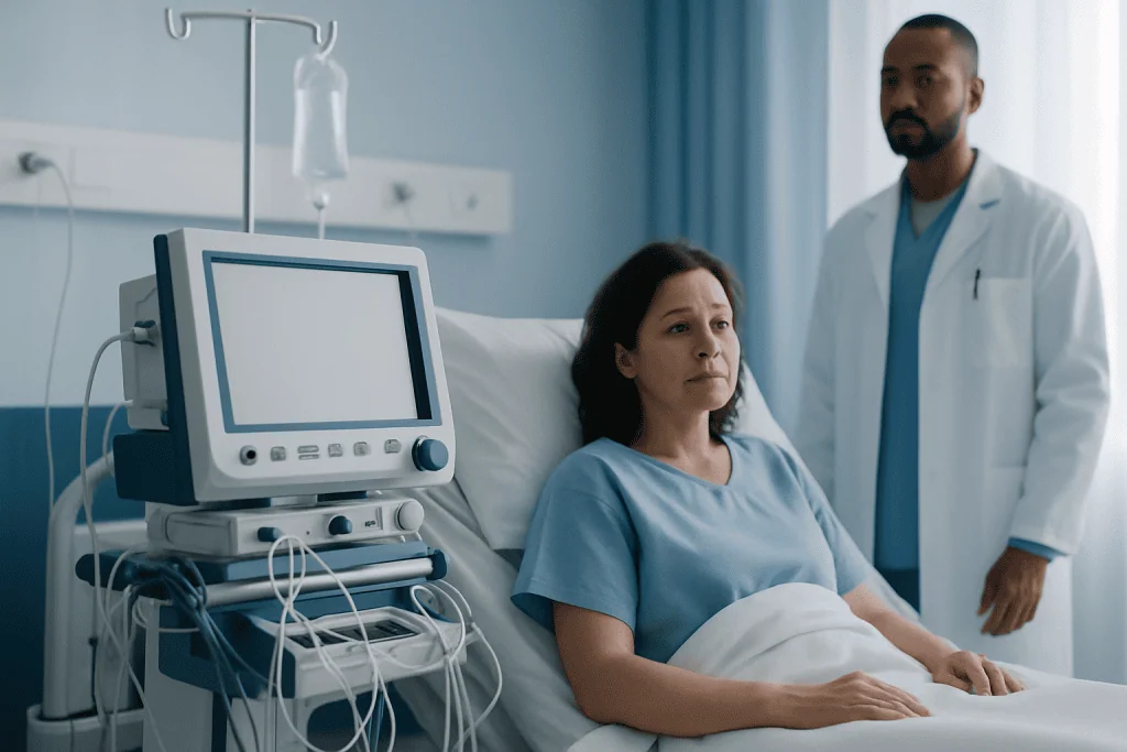 Hospital patient in bed with medical monitor and doctor nearby.