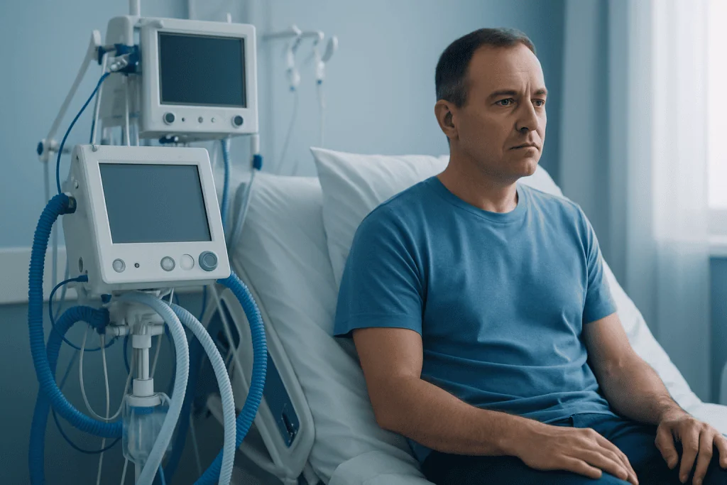 Man in hospital bed with medical monitors, patient appears concerned.