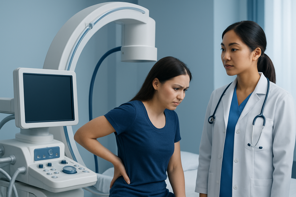 Doctor and patient discussing spinal health in a medical clinic.
