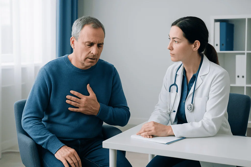 Doctor examining a patient with chest discomfort in a clinic setting.