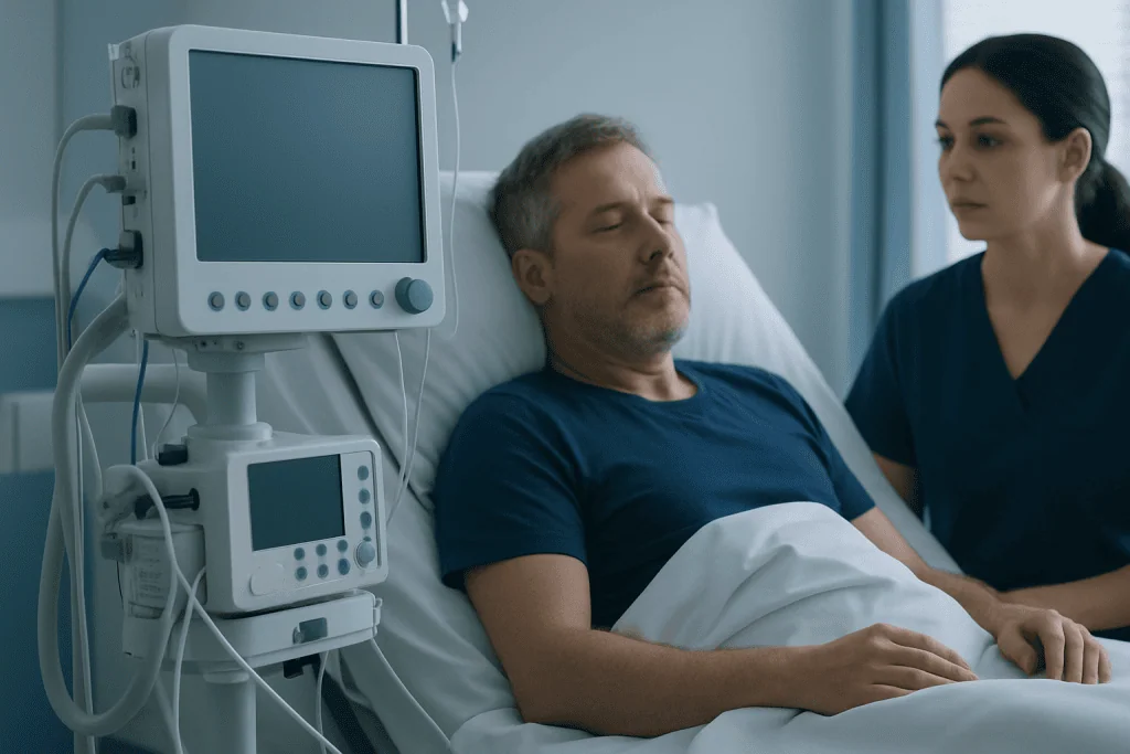 Patient in hospital bed with medical monitors and healthcare professional nearby.