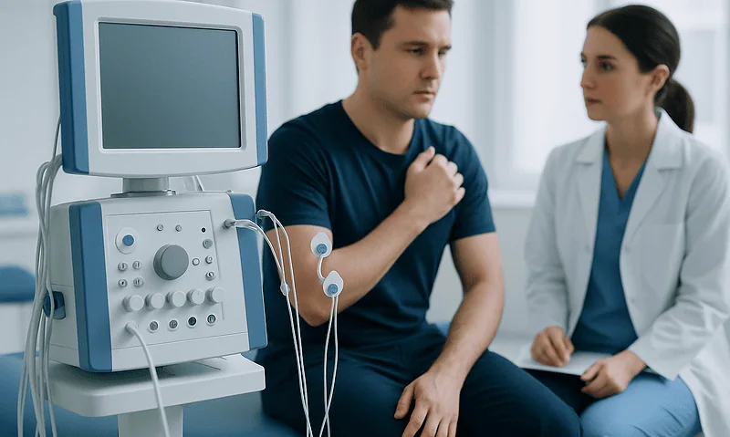 Patient undergoing nerve conduction study at Acibadem Hospital.