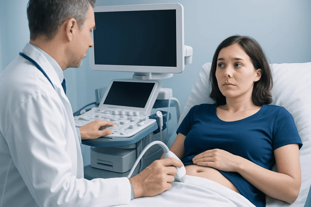 Doctor performing ultrasound examination on a female patient in hospital.
