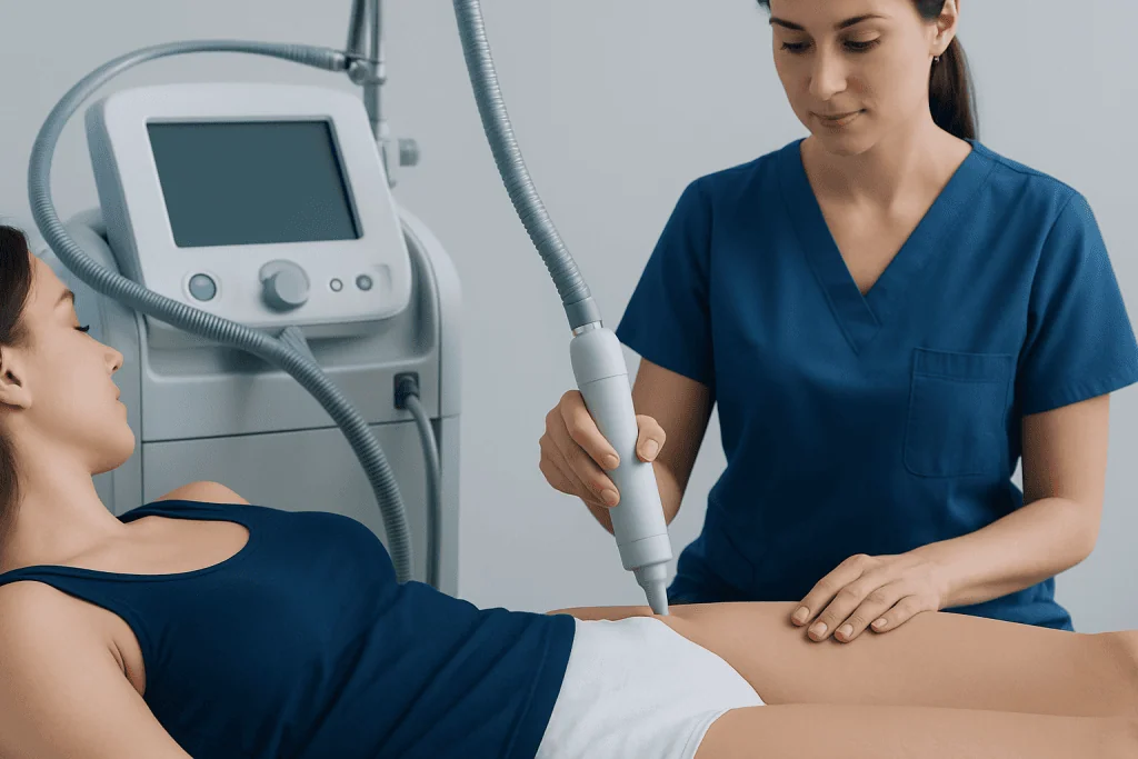 Medical professional performing laser treatment on patient's abdomen at Acibadem Hospital.