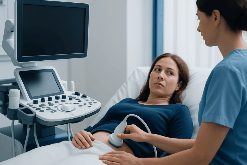 Medical examination of a woman with ultrasound device in hospital.