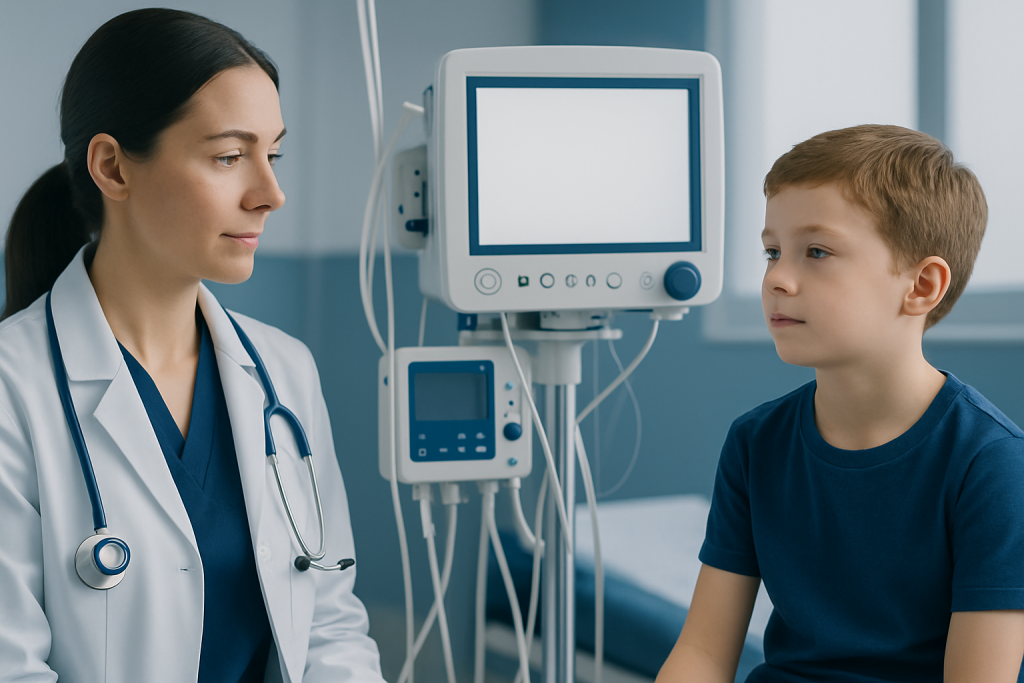 Doctor and young patient in a hospital consultation room.