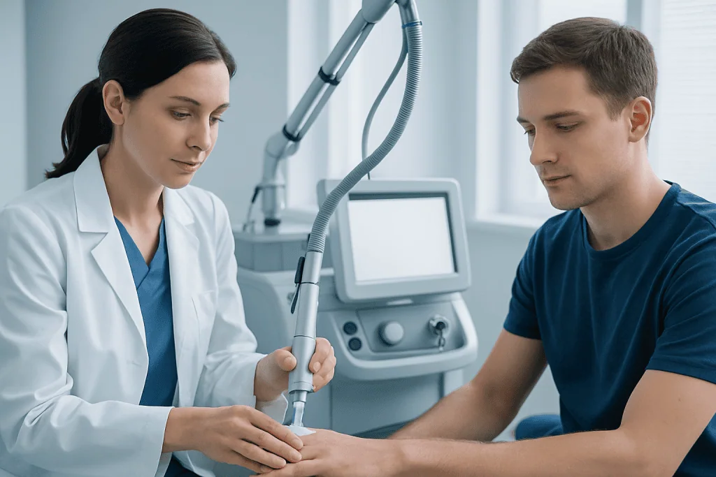 Doctor performing a skin treatment on a patient in a clinical setting.