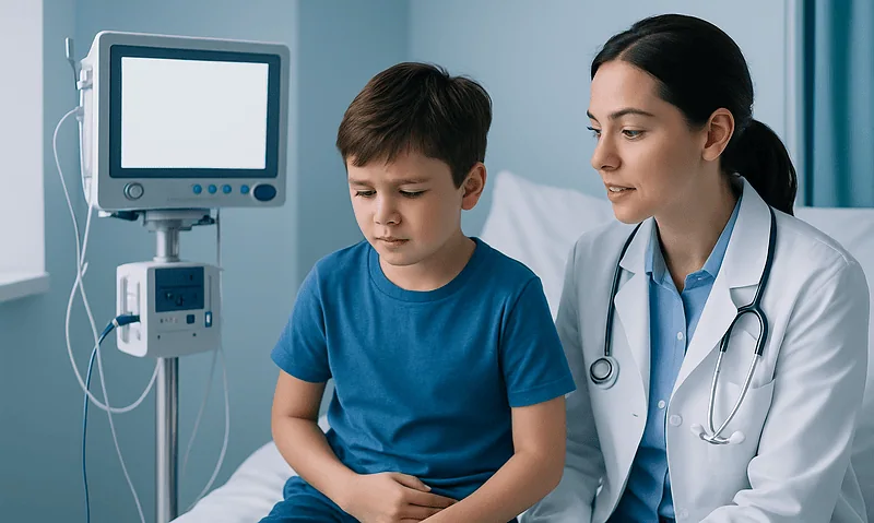 Doctor examining a young boy in a hospital room with medical equipment nearby.