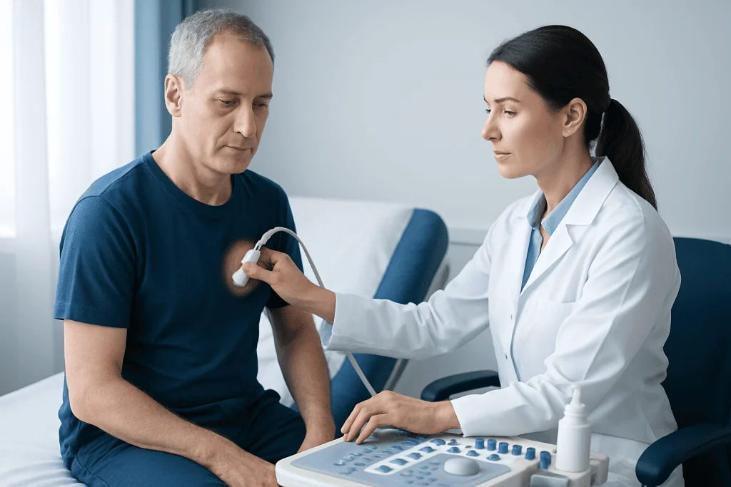 Doctor performs skin examination on male patient in clinic setting.