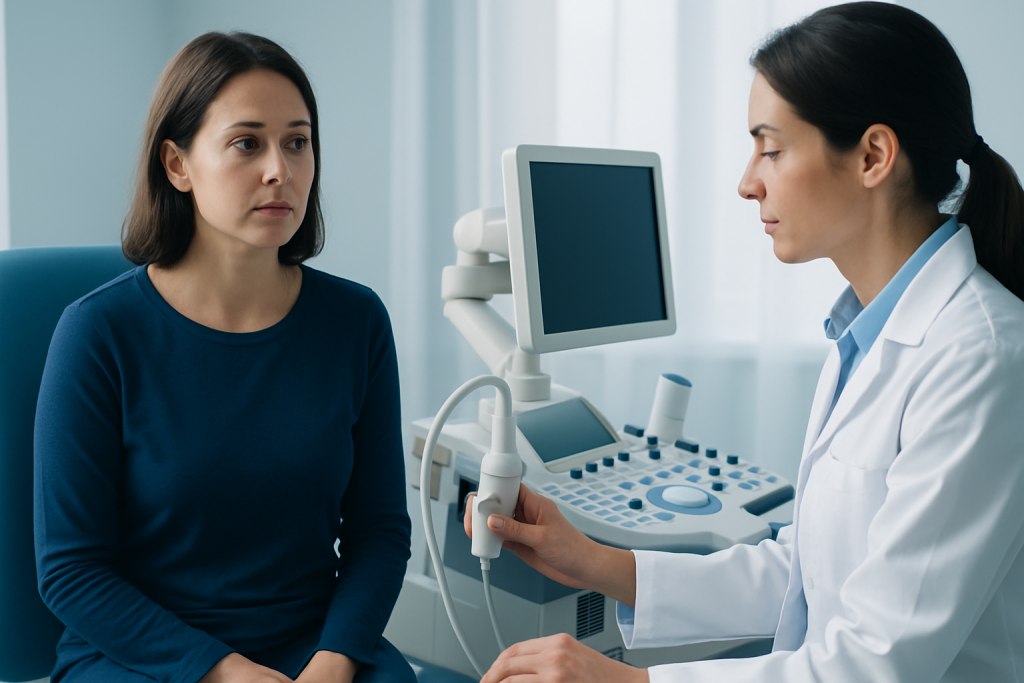 Doctor performing ultrasound examination on a patient in a clinical setting.