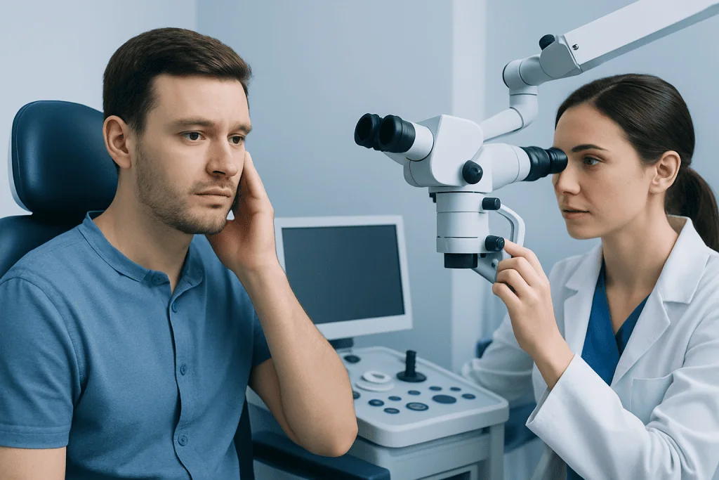 Doctor examining patient's ear with a microscope in a medical clinic.