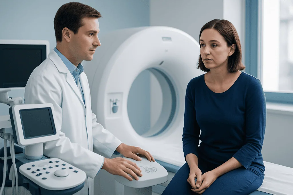 Doctor explaining medical scan to patient in hospital setting.