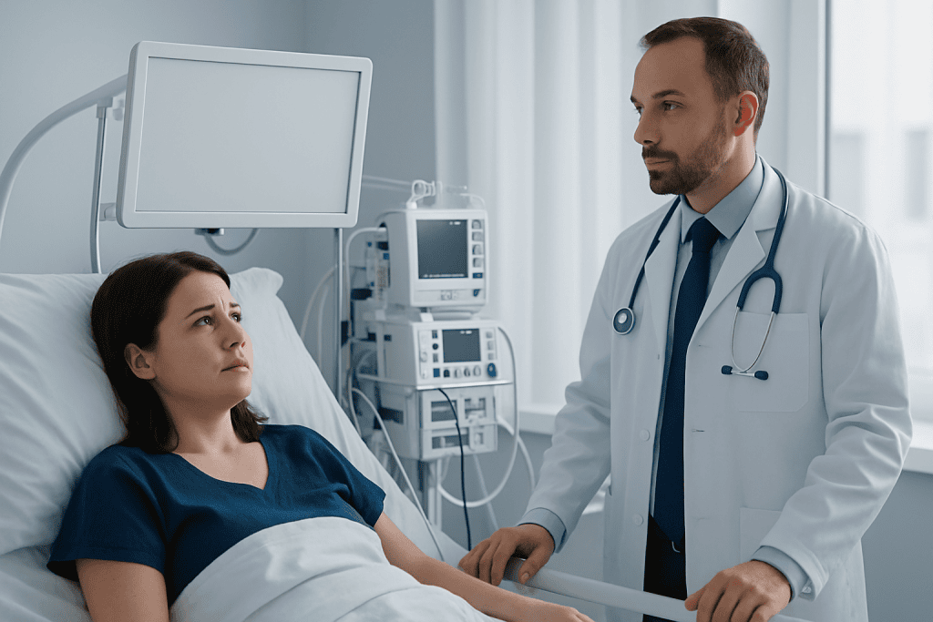 Doctor consulting female patient in hospital room with medical equipment.