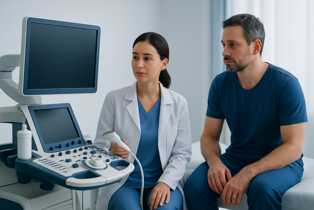 Doctor performing ultrasound examination on patient in clinic.