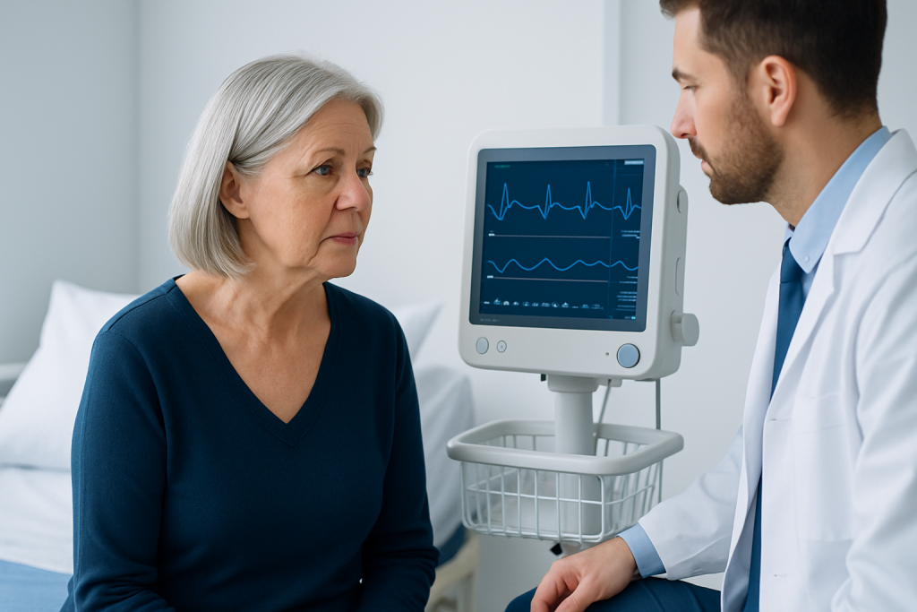 Doctor discussing heart health with an elderly woman in a hospital setting.