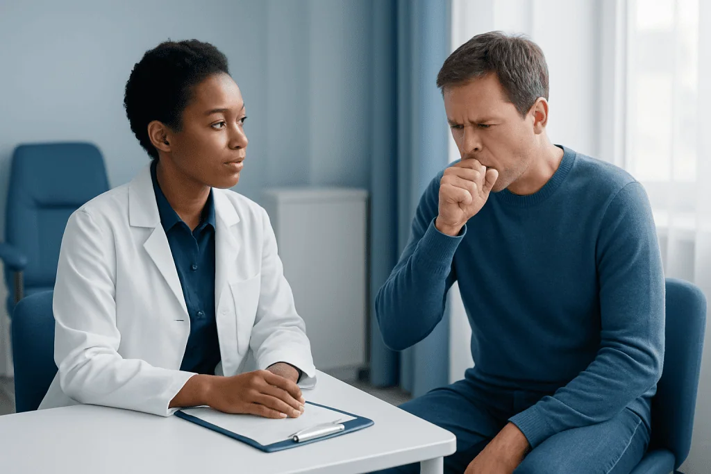 Doctor consulting with patient about respiratory symptoms in a clinic setting.