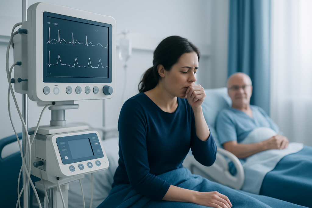 Woman in hospital room with patient and medical monitors.