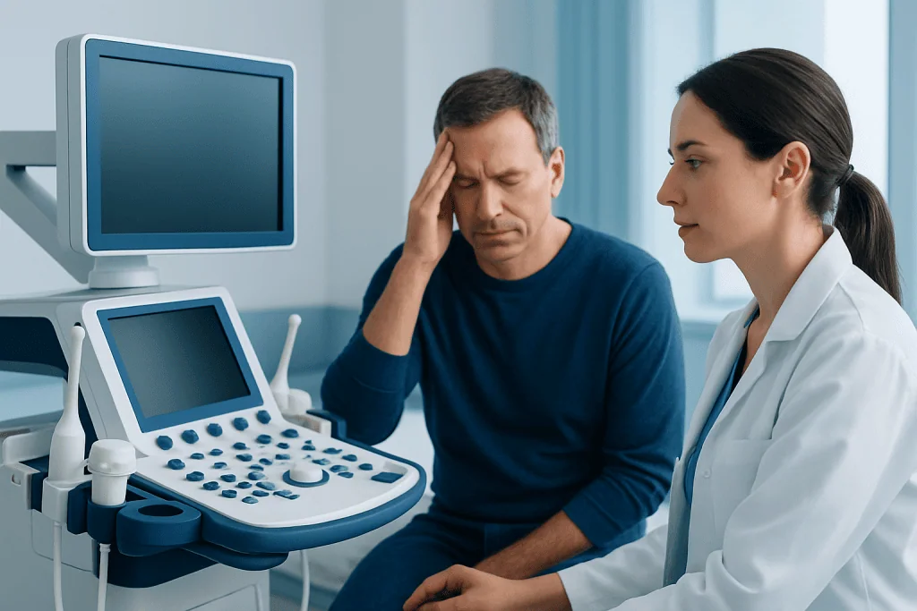 Patient experiencing headache during medical examination at hospital.