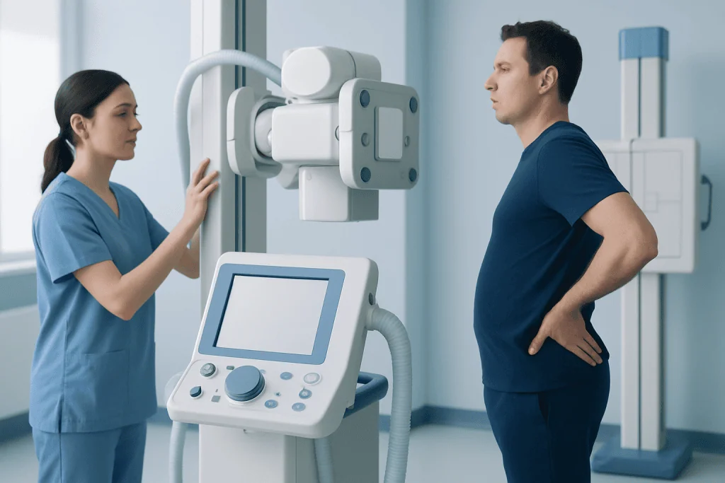 Medical professional explains X-ray results to a patient in a hospital setting.
