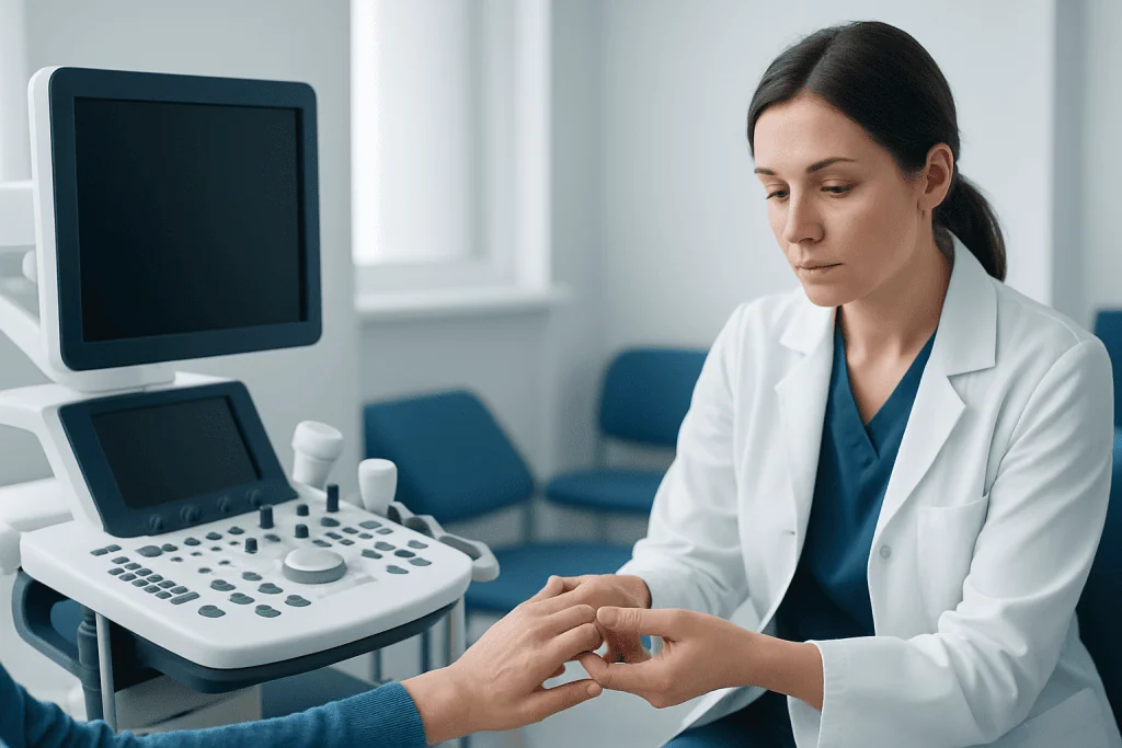 Doctor examining patient's hand in a medical clinic setting.