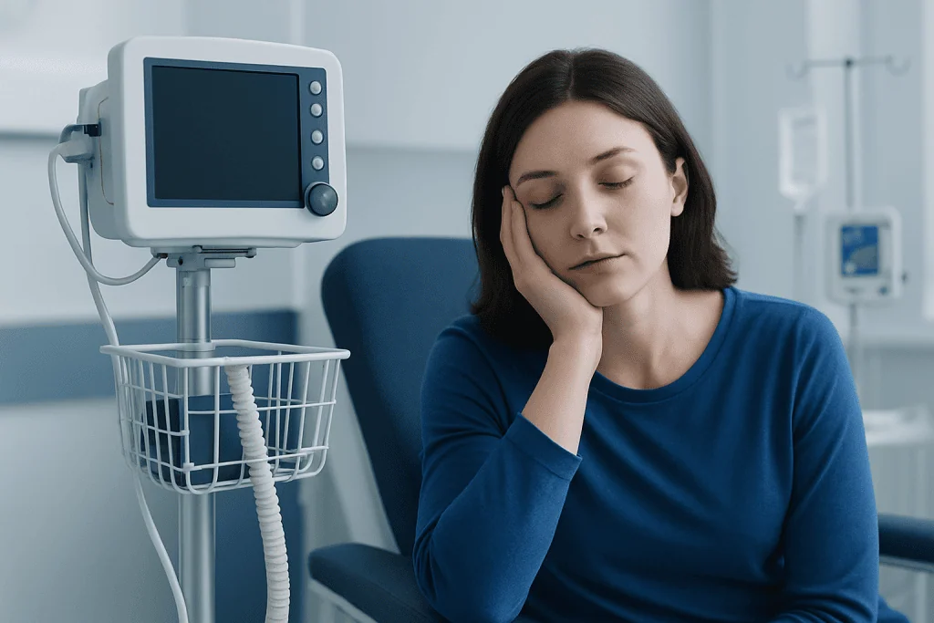 Young woman appears tired and sleepy in a hospital setting.