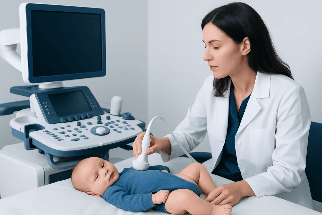 Pediatric ultrasound examination for hip health in a hospital setting.
