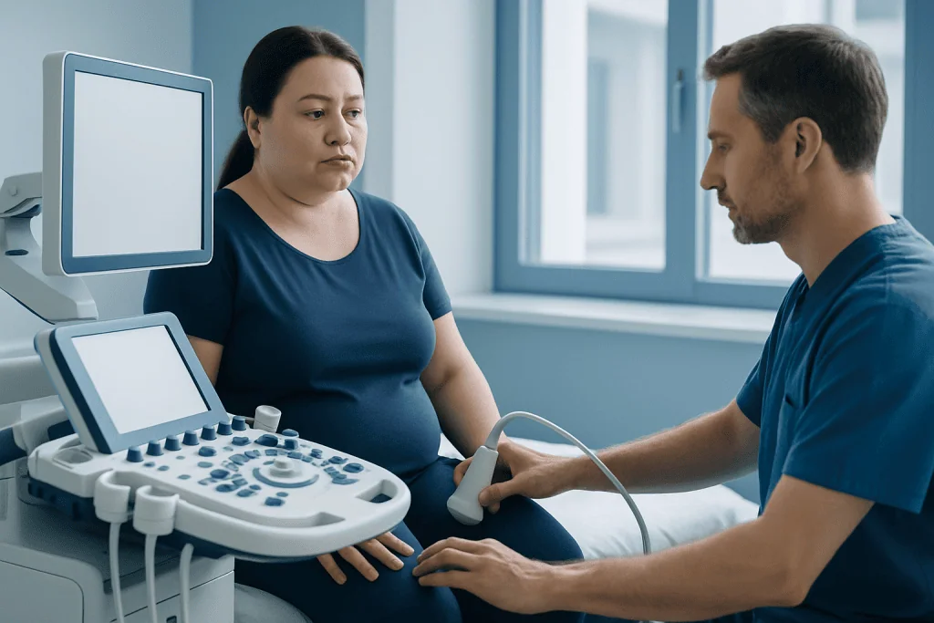 Doctor performs ultrasound on pregnant woman in hospital.