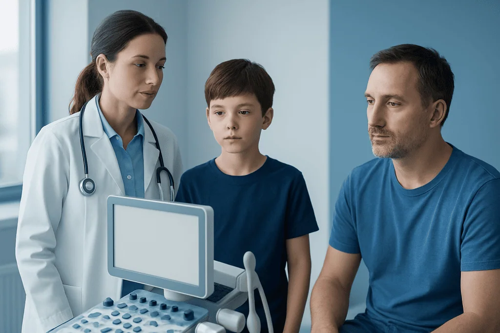 Doctor and parents discussing child's health with ultrasound machine in clinic.