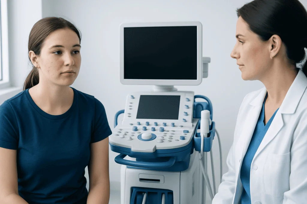 Doctor performing an ultrasound examination on a young girl in a clinic setting.