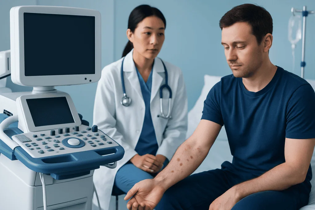 Doctor examining a patient's arm with medical equipment in the background.