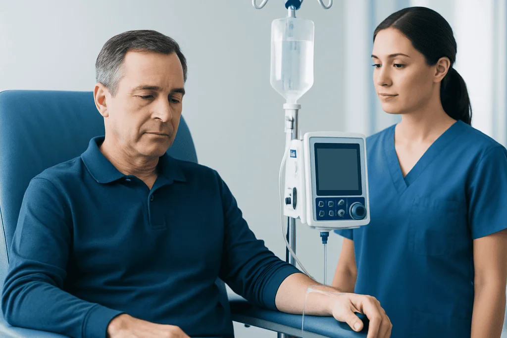 Patient receiving chelation therapy in a hospital setting.