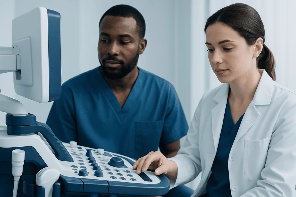 Medical professionals using ultrasound equipment in a clinical setting.