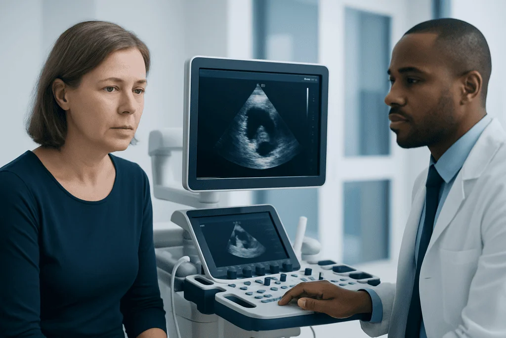 Doctor explaining echocardiogram results to a patient in a hospital.