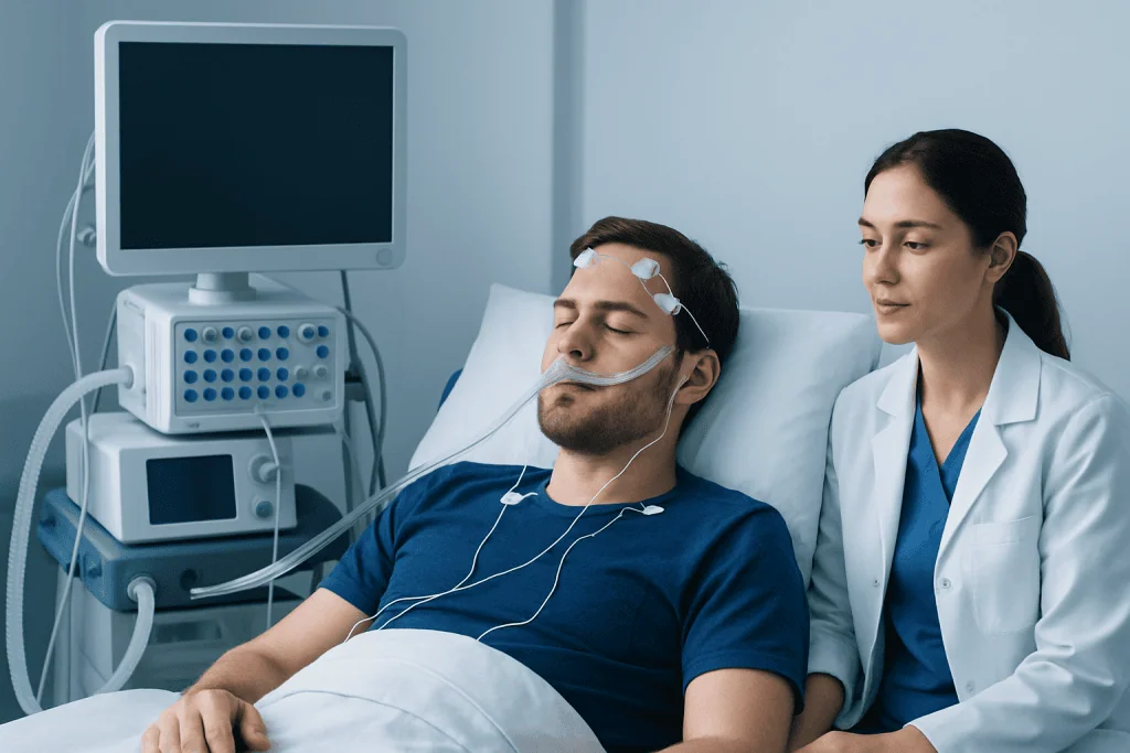 Patient in hospital bed connected to sleep monitoring equipment.