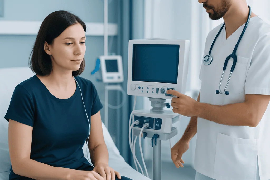 Doctor consulting female patient in hospital room with medical equipment.