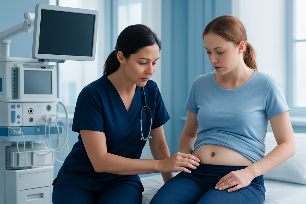 Doctor examining a woman's abdomen in a hospital setting.