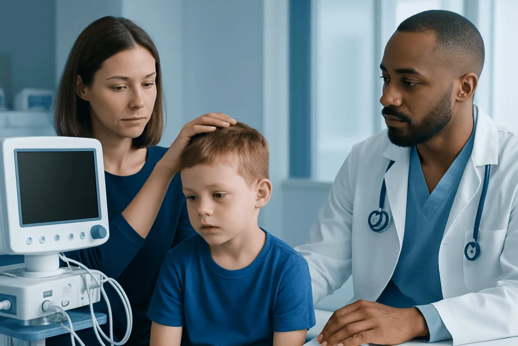 Doctor examining a young boy with a medical device in a hospital setting.