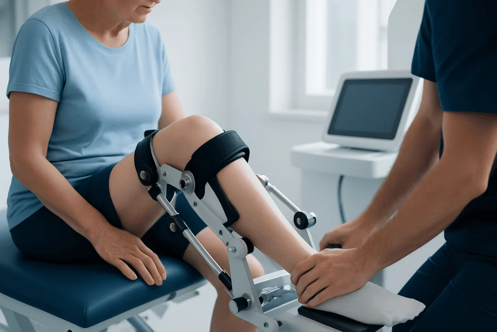 Knee rehabilitation with robotic assistive device at Acibadem Hospital.