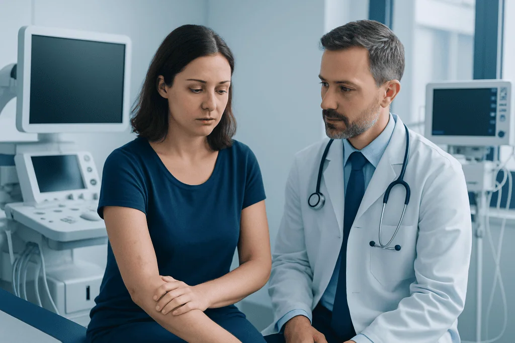 Doctor consulting with a patient in a hospital setting.