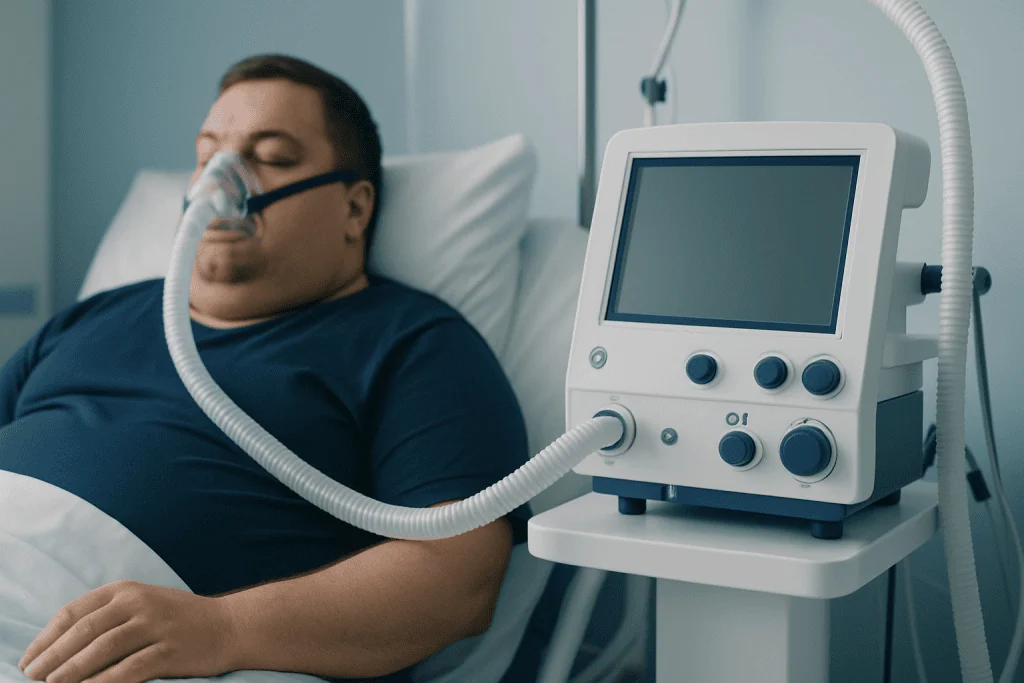 Patient with sleep apnea using CPAP machine in hospital bed.