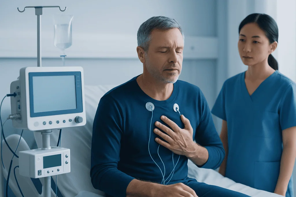 Man experiencing chest pain in hospital with nurse nearby.