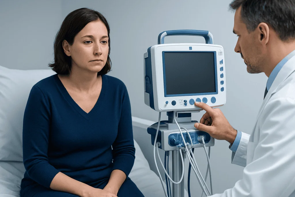 Doctor explaining medical results to a woman patient in a hospital room.