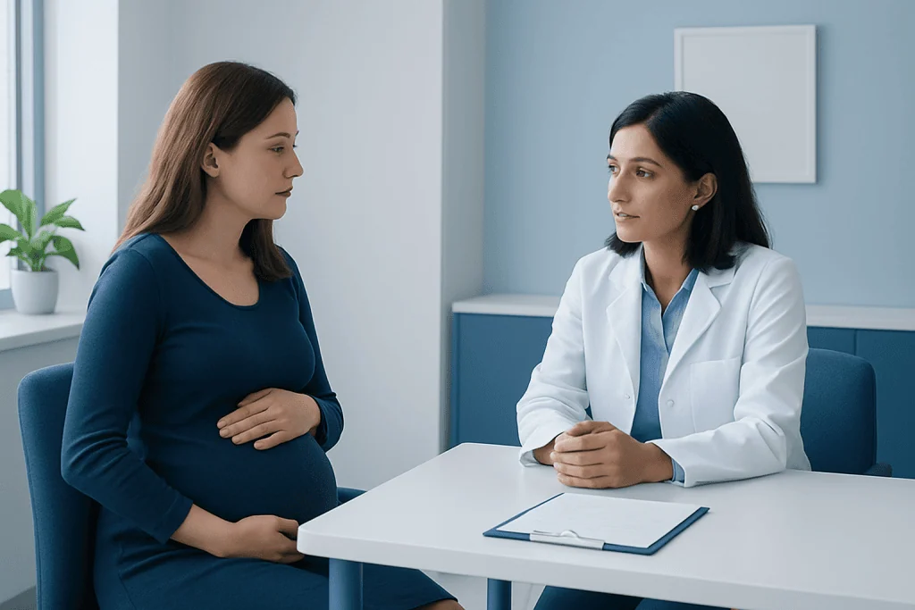 Doctor consulting pregnant woman in a medical office.
