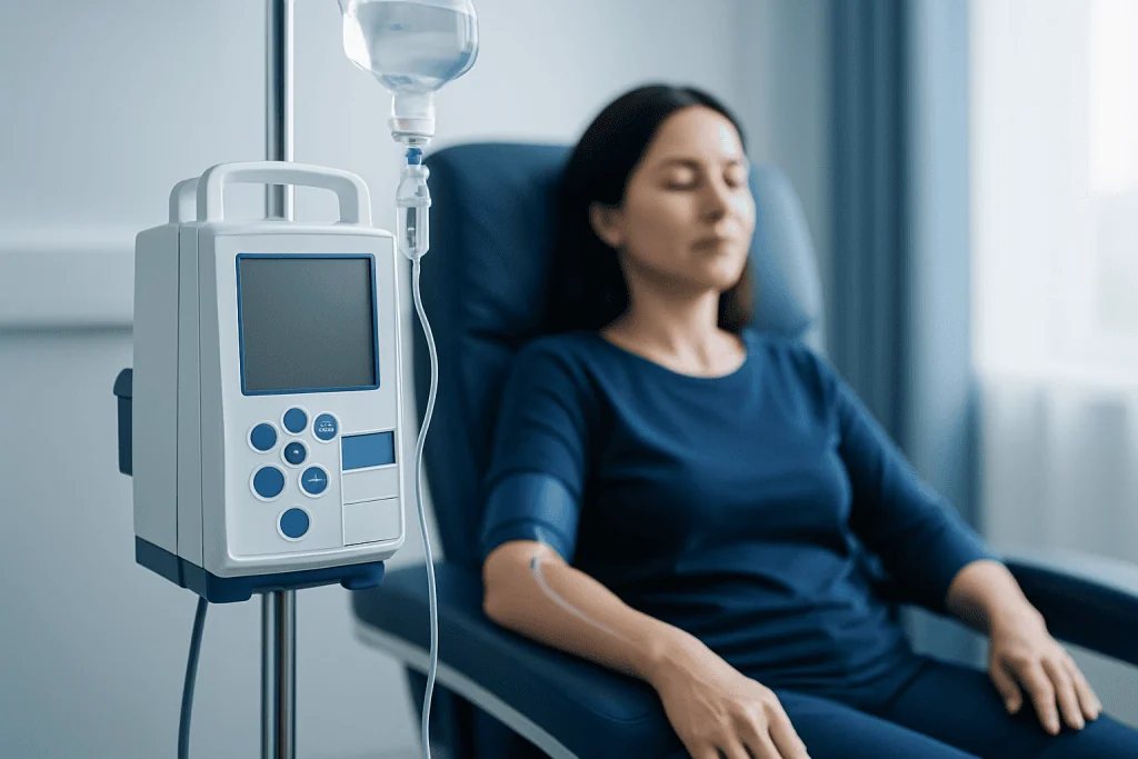 Patient receiving IV therapy in a hospital setting.