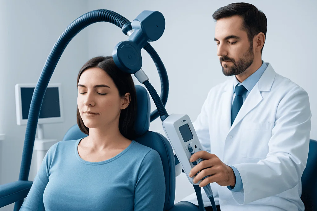 Patient undergoing TMS therapy with medical professional in a clinical setting.