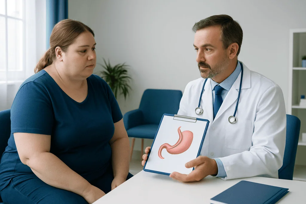 Doctor explaining stomach diagram to a patient in a consultation room.
