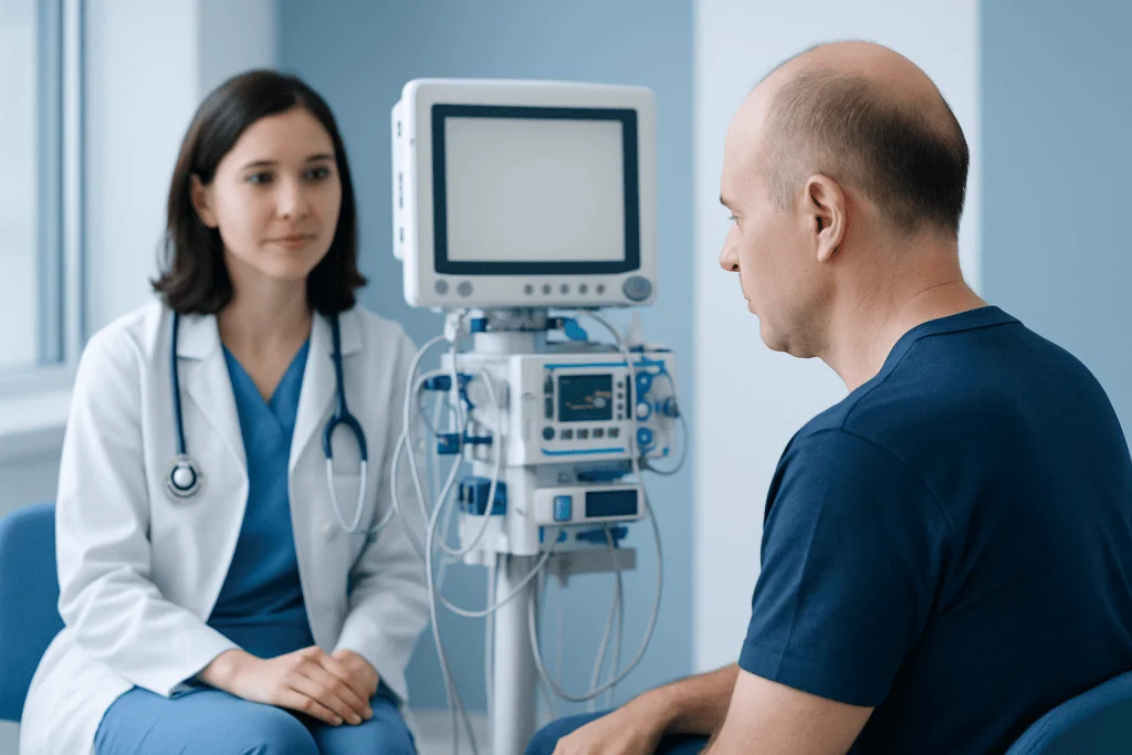 Doctor consulting male patient in a medical examination room.